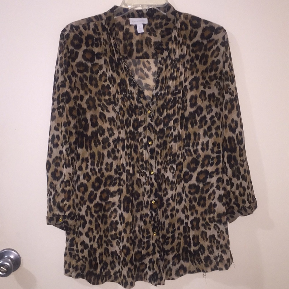 Leopard print sheer blouse with gold buttons